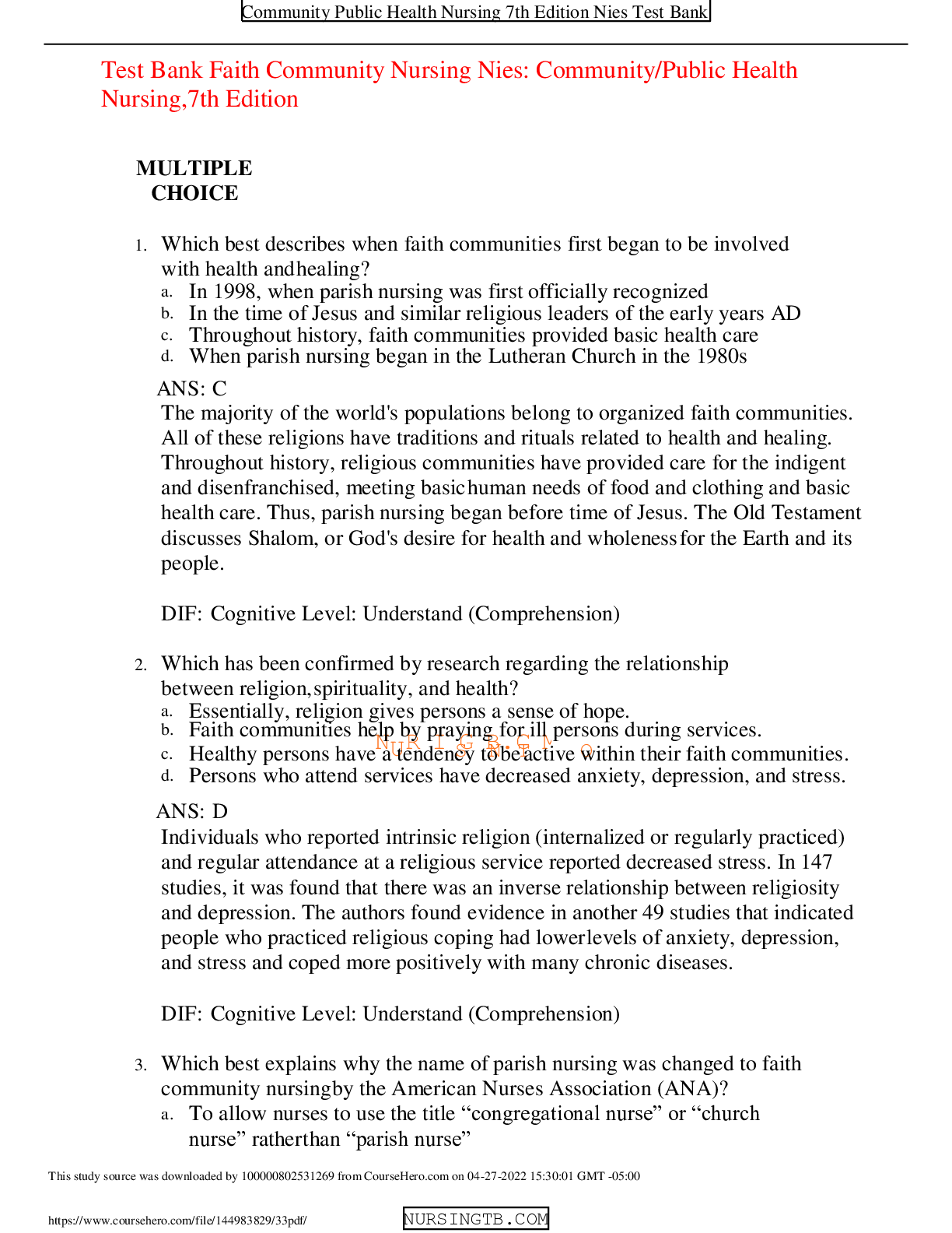 Preview image for Test Bank Faith Community Nursing Nies: Community/Public Health Nursing,7th Edition,100% CORRECT